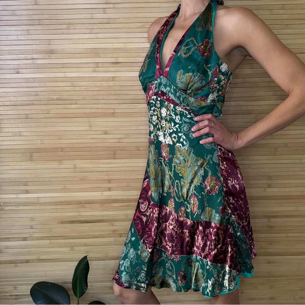 Floral Halter Dress in Green and Burgundy